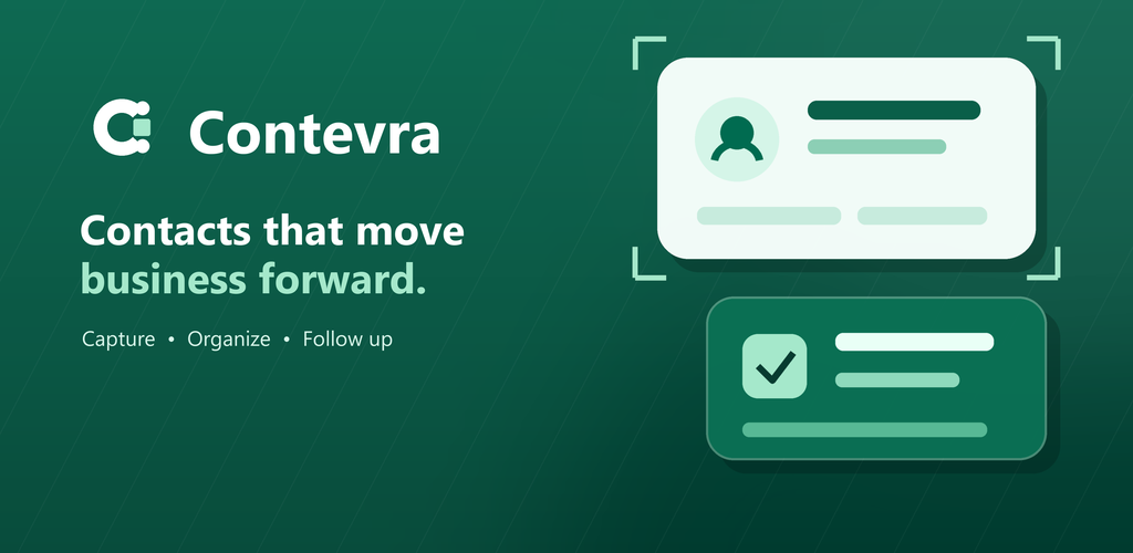 Contevra contact capture and follow-up graphic on a green background.
